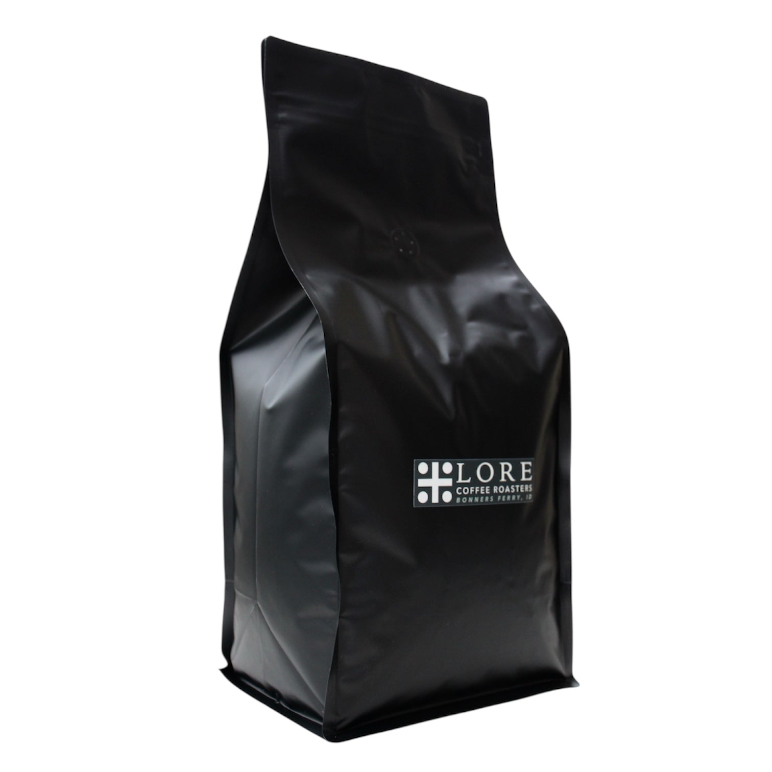 Black coffee bag with 'LORE Coffee Roasters' logo on a white background